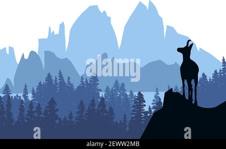 Un chamois se dresse au sommet d'une colline avec des montagnes et une forêt en arrière-plan. Silhouette noire avec fond bleu. Illustration. Illustration de Vecteur