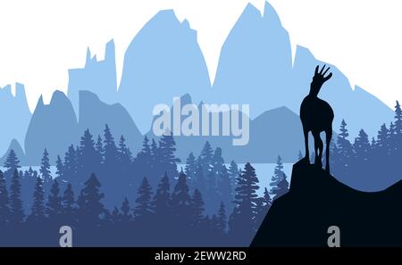 Un chamois se dresse au sommet d'une colline avec des montagnes et une forêt en arrière-plan. Silhouette noire avec fond bleu. Illustration. Illustration de Vecteur