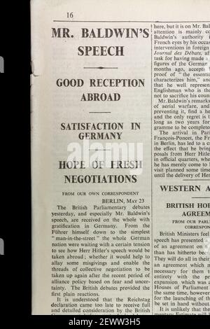 Article à propos de PM M. Baldwins Discours à Berlin dans le journal The Times, Londres, Royaume-Uni, vendredi 24 mai 1935. Banque D'Images