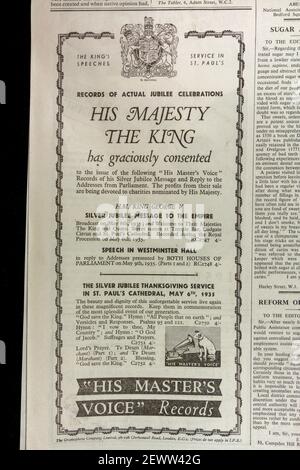 Publicité pour ses enregistrements de Master Voice (HMV) de HM King George V dans le journal The Times, Londres, Royaume-Uni, vendredi 24 mai 1935. Banque D'Images