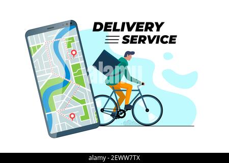 Concept d'application de service de commande de livraison de vélos.Smartphone avec géolocalisation gps sur la rue de la ville et messagerie express avec sac à dos.Illustration eps du vecteur d'application de commande en ligne Illustration de Vecteur