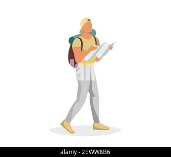 Carte touristique de caractère masculin de marche et de tenue.Voyageur homme avec sac à dos aller à la randonnée et à la recherche de route.Backpacker recherche dans la direction droite.Illustration isolée à vecteur de déplacement Illustration de Vecteur