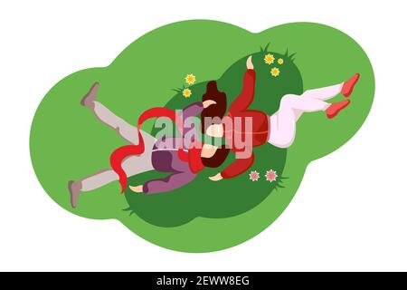 Guy embrassant fille sur la vue du dessus de l'herbe.Jeune couple mâle et femelle dans l'amour mensonges et embrasse tendly.Homme et femme relation douce détente en extérieur sur pelouse de printemps.Passez du temps ensemble à l'illustration Illustration de Vecteur