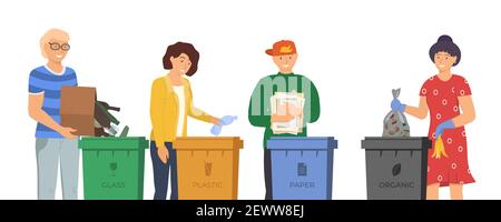 Les gens trient les déchets pour les recycler.Des hommes et des femmes responsables se tenant près de la poubelle et placés dans différents conteneurs pour l'utilisation des déchets.Environnement et écologie concept de vecteur Illustration de Vecteur