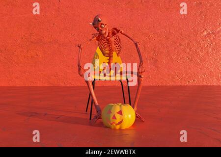 Illustration de rendu 3D d'un squelette de diable et d'un Citrouille sur fond rouge - Halloween concept Banque D'Images