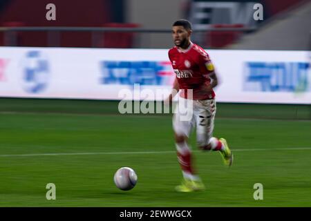 Bristol, Royaume-Uni. 03ème mars 2021. Nahki Wells de Bristol City en action . EFL Skybet Championship Match, Bristol City contre AFC Bournemouth au stade Ashton Gate à Bristol, Avon, le mercredi 3 mars 2021. Cette image ne peut être utilisée qu'à des fins éditoriales. Utilisation éditoriale uniquement, licence requise pour une utilisation commerciale. Aucune utilisation dans les Paris, les jeux ou les publications d'un seul club/ligue/joueur. photo de Lewis Mitchell/Andrew Orchard sports Photography/Alamy Live News crédit: Andrew Orchard sports Photography/Alamy Live News Banque D'Images