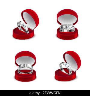 Bijoux de luxe 4 livres sterling argent mariage engagement diamants anneaux dedans ouvrez les cases rouges realistic set vector illustration Illustration de Vecteur