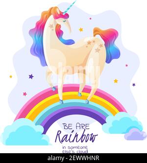 Carte postale pour les enfants avec une jolie licorne sur des étoiles arc-en-ciel et l'illustration vectorielle des nuages Illustration de Vecteur