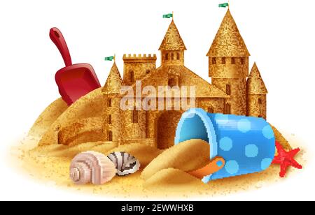 Construction De Chateau De Sable Fond Realiste Avec Kit De Bac A Sable Et Coquillages Illustration Vectorielle Sur La Plage Image Vectorielle Stock Alamy