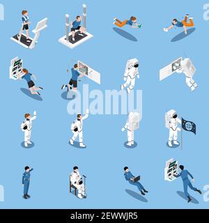 Jeu de seize icônes isométriques du cosmonaute taikonaut astronaute illustration vectorielle des testeurs et des candidats réels Illustration de Vecteur