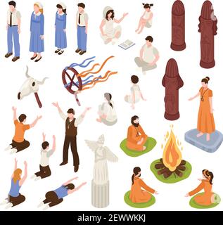 Ensemble de culte religieux isométrique avec des personnages humains isolés de prières et des prophètes avec des éléments de cérémonie illustration vectorielle Illustration de Vecteur