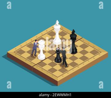 Jeu d'échecs concept isométrique composition des joueurs finissant des mouvements avec morceaux de pion kings queen sur l'illustration vectorielle de l'échiquier Illustration de Vecteur