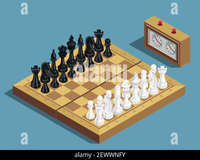 Jeu d'échecs commençant la composition isométrique avec horloge 16 chaque blanc et des pièces noires sur l'illustration vectorielle de l'échiquier Illustration de Vecteur