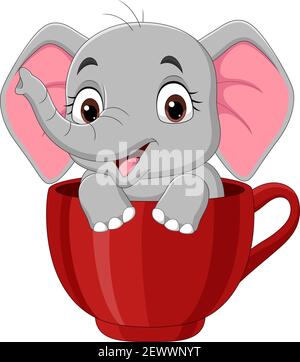 Dessin animé drôle bébé éléphant assis dans la tasse rouge Illustration de Vecteur