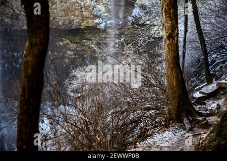 Burobéry recouvert de glace et rochers près d'une chute d'eau dans une forêt. Banque D'Images