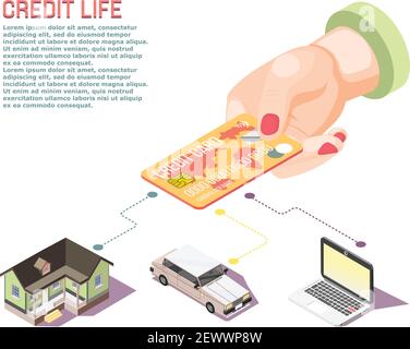 Concept isométrique coloré avec main femelle tenant la carte de crédit et illustration vectorielle 3d de différents paiements Illustration de Vecteur