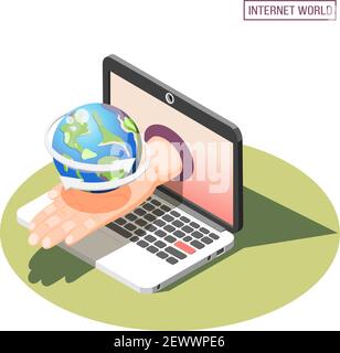 Concept isométrique avec ordinateur portable à mouvement manuel et 3D Earth illustration vectorielle Illustration de Vecteur