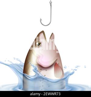 Composition de la pêche truite arc-en-ciel pendant la déglutition crochet dans les éclaboussures d'eau sur fond blanc, illustration vectorielle réaliste Illustration de Vecteur
