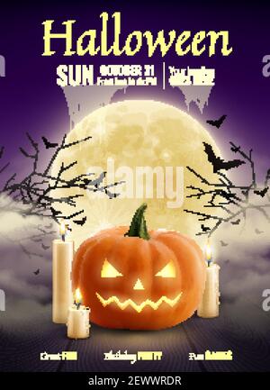 Halloween Party affiche réaliste avec bougies de citrouille grande lune lumineuse boule de nuit scintillez le ciel et les chauves-souris Illustration de Vecteur