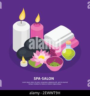 Accessoires de spa salon pour la pierre et la relaxation isométrique composition sur fond violet illustration du vecteur Illustration de Vecteur