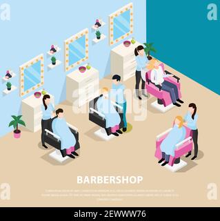 Composition isométrique du salon de coiffure avec les clients assis dans les chaises et master pendant le travail de cheveux illustration de vecteur Illustration de Vecteur