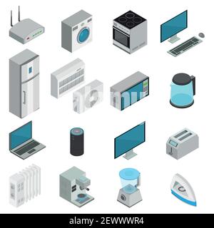 Appareils électroniques et domestiques pour cuisine et salon isométriques téléviseur réfrigérateur, fer à repasser, cuisinière, conditionneur pour ordinateur, bouilloire isolée sur bac blanc Illustration de Vecteur