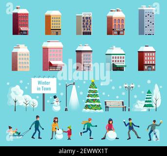 Le paysage de la ville d'hiver comprend des bâtiments lanternes arbre de noël bonhomme de neige traîneau illustration vectorielle de la collection d'icônes de combat de boules de neige skater Illustration de Vecteur