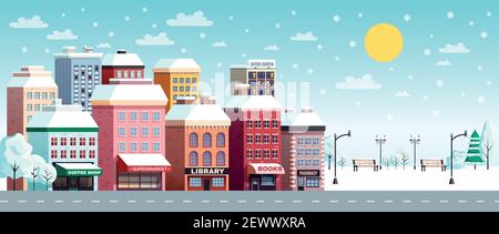 Bannière horizontale plate de la rue Winter City avec bibliothèque de cafés bibliothèque bâtiments paysage neige paysage illustration vecteur soleil Illustration de Vecteur