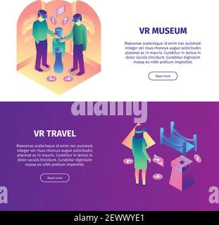 Bannières horizontales de réalité virtuelle isométrique avec texte modifiable lu plus de boutons éléments colorés et illustration de vecteur de personnes Illustration de Vecteur