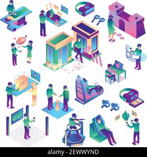 Ensemble de réalité virtuelle isométrique d'images isolées colorées représentant divers activités humaines liées à l'illustration vectorielle de la réalité augmentée Illustration de Vecteur