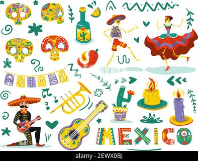 Les symboles mexicains de la mort de jour attribue un ensemble coloré avec des squelettes dansants sucre crânes masque fond blanc vecteur illustration vecteur illustration illustration vecteur Illustration de Vecteur