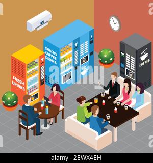 Les gens se reposent au café avec des distributeurs automatiques qui vendent chaud boissons sans alcool et en-cas à base de café illustration vectorielle isométrique en 3d Illustration de Vecteur
