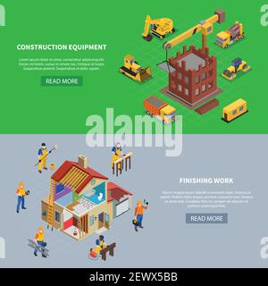 Ensemble de deux bannières isométriques de construction avec bouton Lire la suite illustration vectorielle de compositions de texte et d'images associées à la construction Illustration de Vecteur