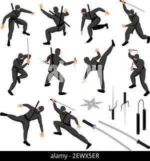 Ensemble ninja isométrique d'icônes isolées avec des personnages humains de guerrier en poses vatieuses avec illustration de vecteur d'armes Illustration de Vecteur