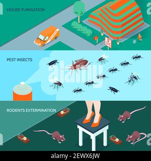 Banderoles horizontales de désinfection domestique avec des méthodes d'insectes et illustration du vecteur 3d isolé isométrique d'extermination de rongeurs Illustration de Vecteur