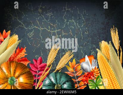 Arrière-plan du jour de Thanksgiving avec des couleurs 3D multicolores et des citrouilles réalistes et illustration vectorielle des feuilles orange Illustration de Vecteur