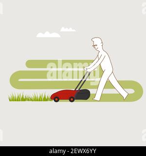 Homme fauchant une pelouse avec une tondeuse rouge. Illustration du concept pour les loisirs, la retraite. Conception minimale. Illustration de Vecteur