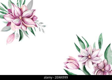 Bannière Spring Magnolia fleurs clipart. Délicat bouquet floral de magnolia sur fond blanc Banque D'Images