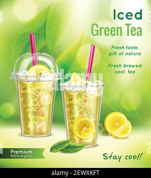 Thé vert glacé composition publicitaire réaliste avec 2 verres illustration vectorielle d'arrière-plan floue avec feuilles de menthe citron Illustration de Vecteur
