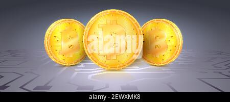 Symboles d'or crypto-monnaies avec marque bitcoin sur fond de circuit numérique. Ensemble d'icônes de crypto-monnaie. Illustration 3d vectorielle. Illustration de Vecteur