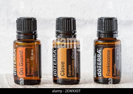 Pecs, Hungray - février 27 2021 - image éditoriale illustrative des huiles essentielles Doterra pour usage quotidien Banque D'Images