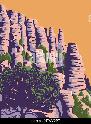 Affiche WPA des Hoodoos et des roches d'équilibrage Chiricahua National Monument situé dans les montagnes Chiricahua du sud-est de l'Arizona, United Sta Illustration de Vecteur