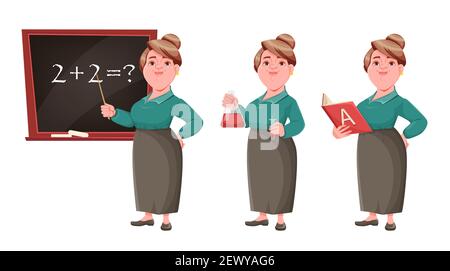 Stock vecteur heureuse souriante femme d'âge moyen enseignant, ensemble de trois poses. Personnage de dessin animé d'enseignante souriante sur fond blanc Illustration de Vecteur