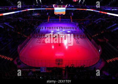 Moscou, Russie. 3 mars 2021. Match de hockey sur glace de la saison régulière de la KHL: CSKA Moscou vs Spartak Moscou - Moscow CSKA Arena. Vue sur l'arène avec le li Banque D'Images