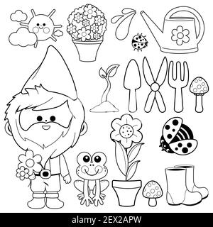 Collection d'illustrations de jardinage avec gnome de jardin. Page de livre de coloriage noir et blanc. Banque D'Images