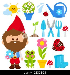 Collection d'illustrations de jardinage de printemps avec gnome de jardin. Banque D'Images