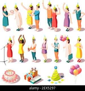 Fête d'anniversaire Isométrique icônes ensemble de personnes dans les fêtes costumes et fournitures de fête isolé illustration vectorielle Illustration de Vecteur