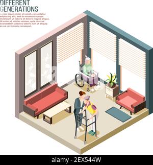 Différentes générations composition isométrique avec la personne adulte de sexe féminin s'occuper illustration vectorielle de femmes âgées handicapées dans une maison de soins infirmiers Illustration de Vecteur