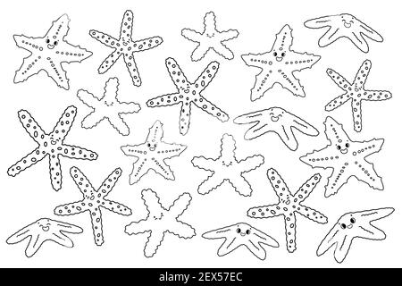 Ensemble de vecteur noir blanc isolé contour caricaturé coloré étoiles de mer ou Starfish avec les yeux, sourire. Doodle invertébrés marins avec cinq bras sur la merde Illustration de Vecteur