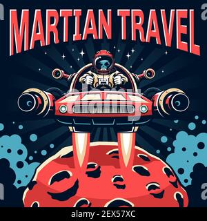 Fantastique affiche rétro avec astronaute dans un vaisseau spatial volant au-dessus de Mars Illustration de Vecteur